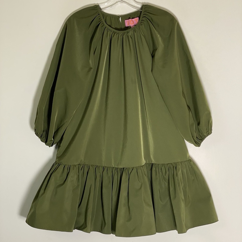 LDT Shift Mini Dress Womens 0 Olive Green Peplum Drop Waist Bubble Sleeves Boho‎